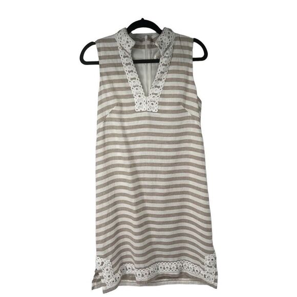 Eliza J Tan White Striped Detailed Hem Linen Cotton Blend Shift Dress Sz 6 Women - Picture 1 of 8